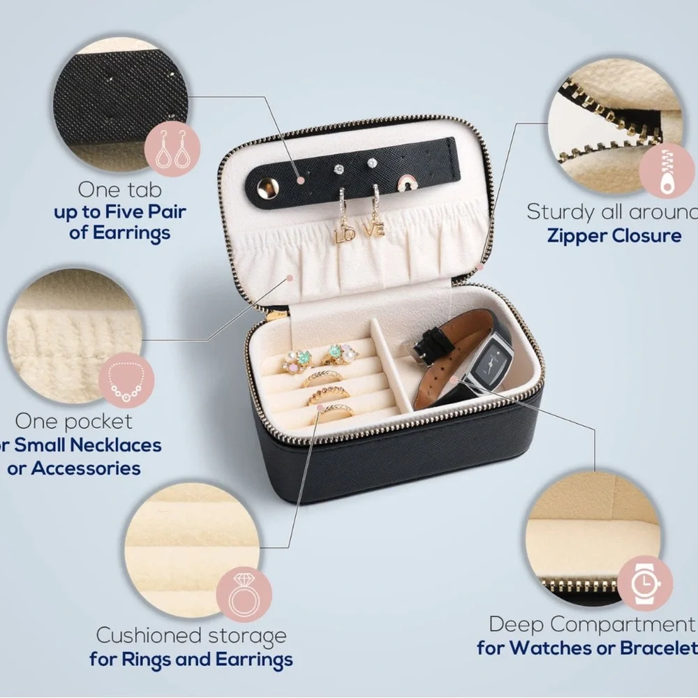 NWT COSMIYA Small Black Jewelry Box with Zipper Closure Perfect for Travel